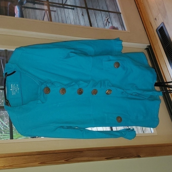 Neon Buddha Aqua Unique Buttons Long Stretch Lagenlook Sz XL Jacket w Pockets - Picture 2 of 14